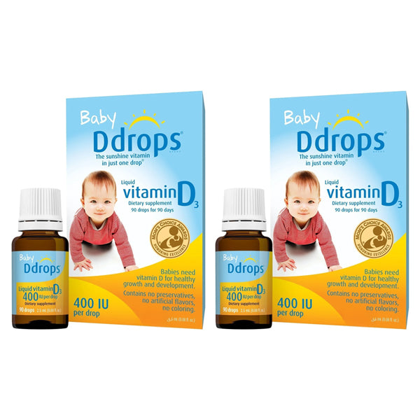 Two boxes and two bottles of D Drops 2 Pack - Baby D Drops Organic Liquid Vitamin D3 (60 drops each), packaging features a baby—ideal for newborns daily vitamin needs.